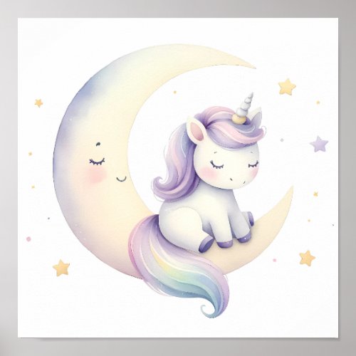 Sleeping Unicorn on Moon Enchanting Girls Nursery Poster