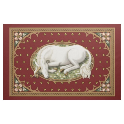 Sleeping Unicorn Red Medieval 1 yd Panel Fabric