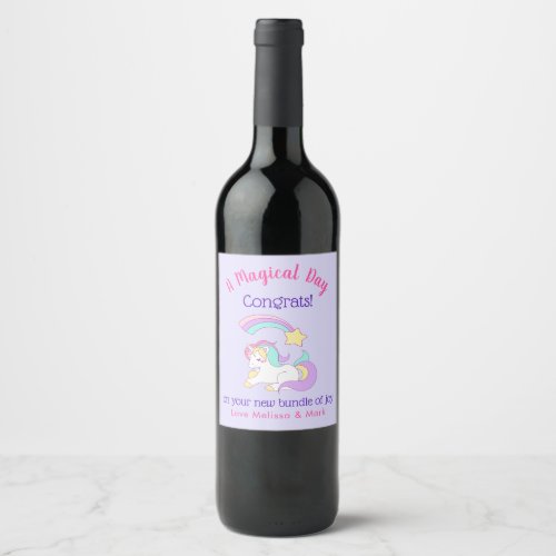 Sleeping Unicorn  Shooting Star New Baby Congrats Wine Label