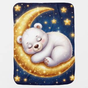 Sleeping White Bear On Golden Crescent Moon Baby Blanket