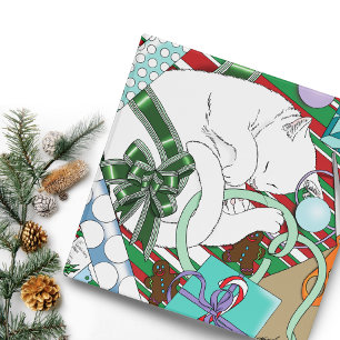 Sleeping White Cat Christmas Wrapping Paper 3 Ring Binder