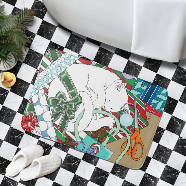 Sleeping White Cat Christmas Wrapping Paper Bath Mat (Creator Uploaded)