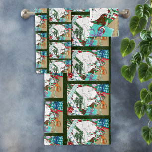 Sleeping White Cat Christmas Wrapping Paper Bath Towel Set