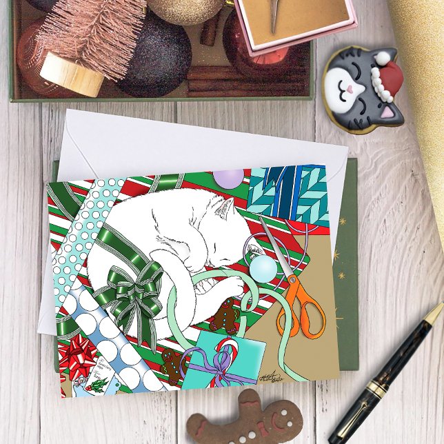 Sleeping White Cat Christmas Wrapping Paper Card (Creator Uploaded)