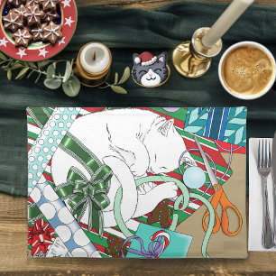 Sleeping White Cat Christmas Wrapping Paper Cloth Placemat