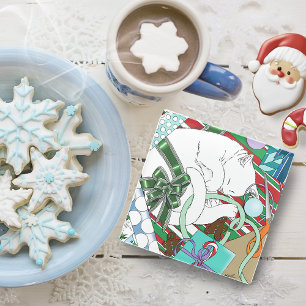 Sleeping White Cat Christmas Wrapping Paper Glass Coaster