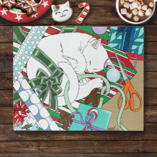 Sleeping White Cat Christmas Wrapping Paper Jigsaw Puzzle