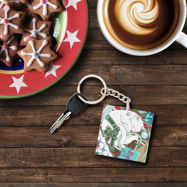 Sleeping White Cat Christmas Wrapping Paper Keychain (Creator Uploaded)