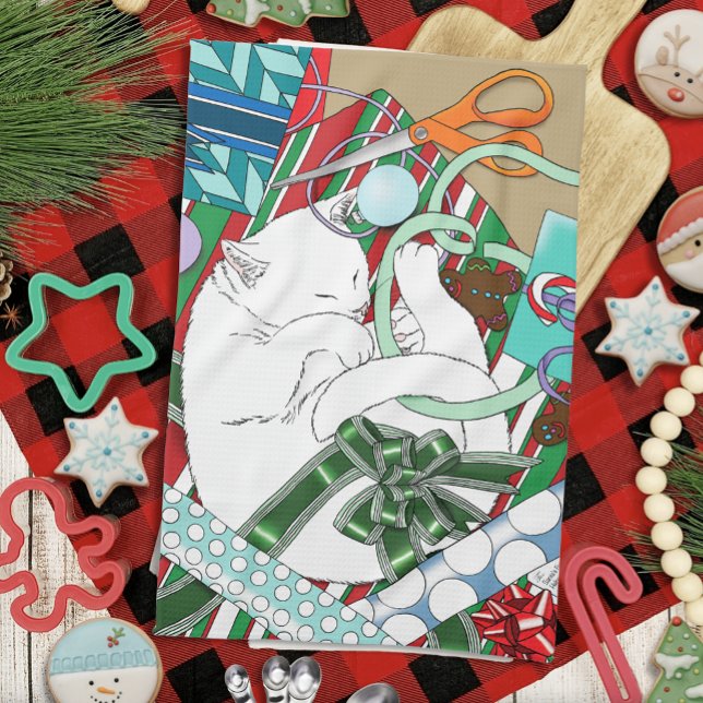 Sleeping White Cat Christmas Wrapping Paper Kitchen Towel (Creator Uploaded)