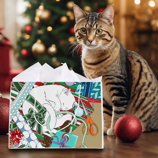 Sleeping White Cat Christmas Wrapping Paper Large Gift Bag (Creator Uploaded)