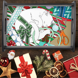 Sleeping White Cat Christmas Wrapping Paper Serving Tray