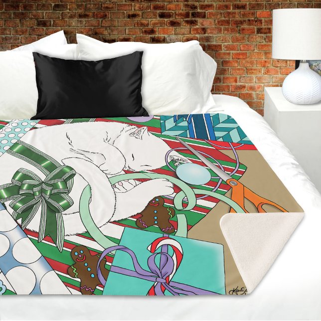 Sleeping White Cat Christmas Wrapping Paper Sherpa Blanket (Creator Uploaded)
