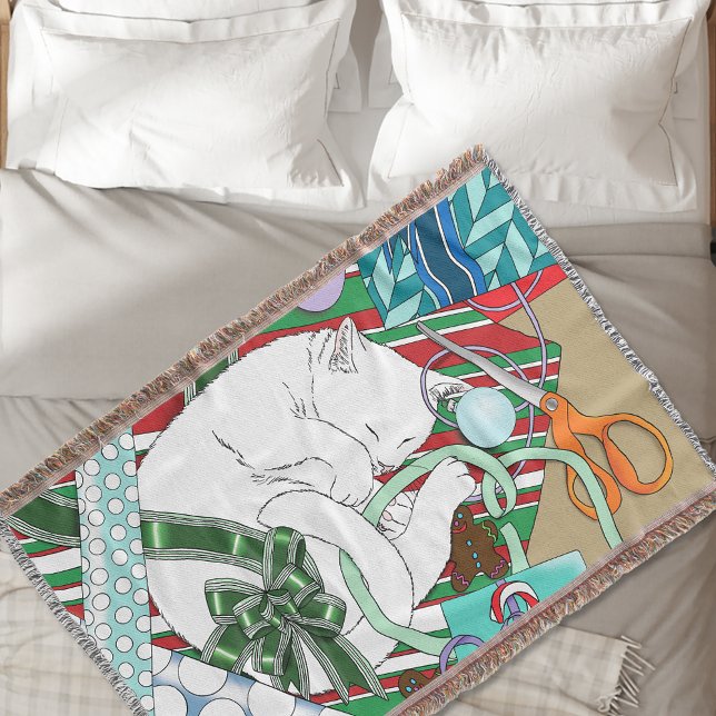 Sleeping White Cat Christmas Wrapping Paper Throw Blanket (Creator Uploaded)