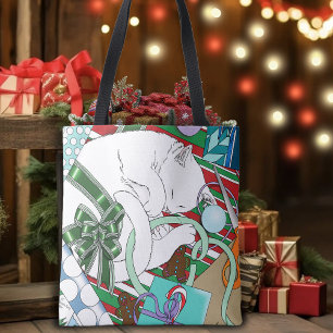 Sleeping White Cat Christmas Wrapping Paper Tote Bag