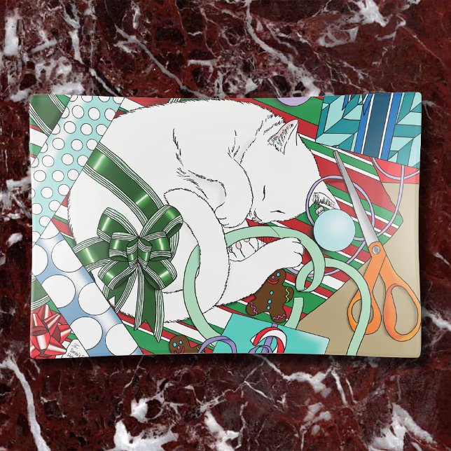 Sleeping White Cat Christmas Wrapping Paper Trinket Tray (Creator Uploaded)