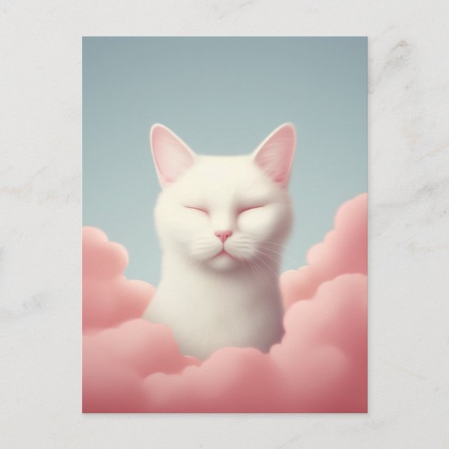 Sleeping White Cat In Clouds Postcard (Front)