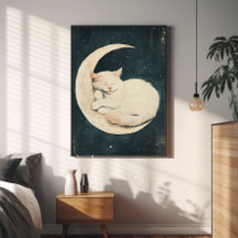 Sleeping White Cat on Crescent Moon – Dreamy Night