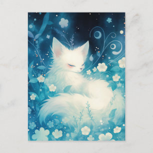 Sleeping White Fox in Blue Midnight Garden Postcard