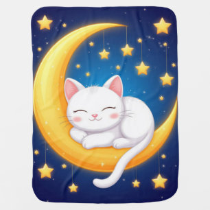 Sleeping White Kitten On Golden Crescent Moon Baby Blanket