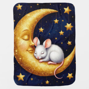 Sleeping White Mouse On Golden Crescent Moon Baby Blanket