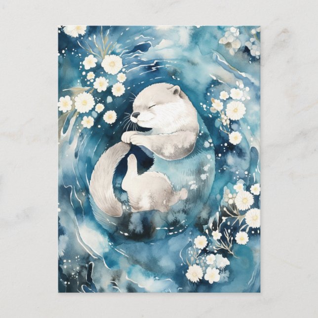 Sleeping White Otter in Deep Blue Water Postcard (Front)