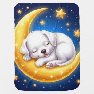 Sleeping White Puppy On Golden Crescent Moon Baby Blanket