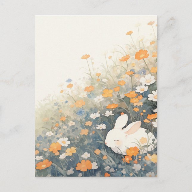 Sleeping White Rabbit in Orange Meadow Postcard (Front)