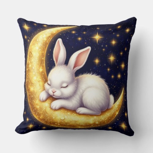 Sleeping White Rabbit On Golden Crescent Moon Throw Pillow