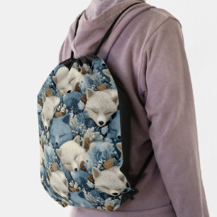 Sleeping Winter Foxes Pattern with Blue a White Drawstring Bag