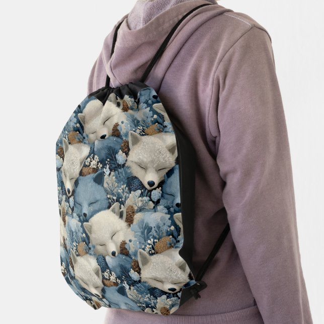 Sleeping Winter Foxes Pattern with Blue a White Drawstring Bag (Insitu)