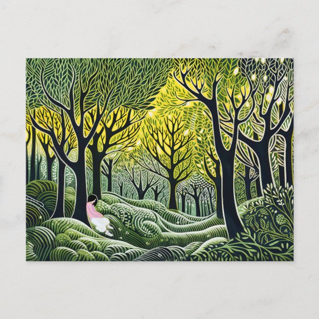 Sleeping woman in forest. Abstract linoleum art Holiday Postcard (Front)