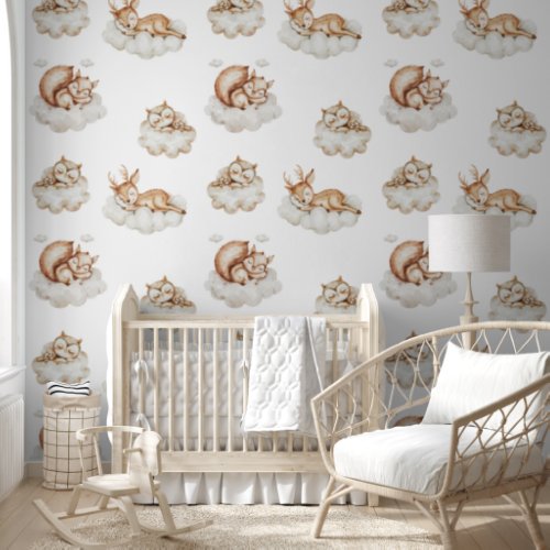 Sleeping Woodland Animals Pattern Baby Nursery Wallpaper