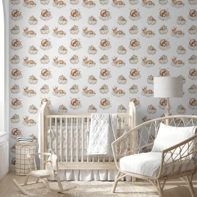 Sleeping Woodland Animals Pattern Baby Nursery Wallpaper | Zazzle