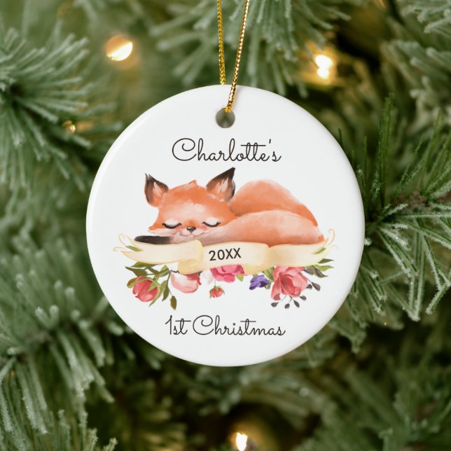 Sleeping Woodland Fox Personalized Baby's 1st Xmas Ceramic Ornament (Tree)