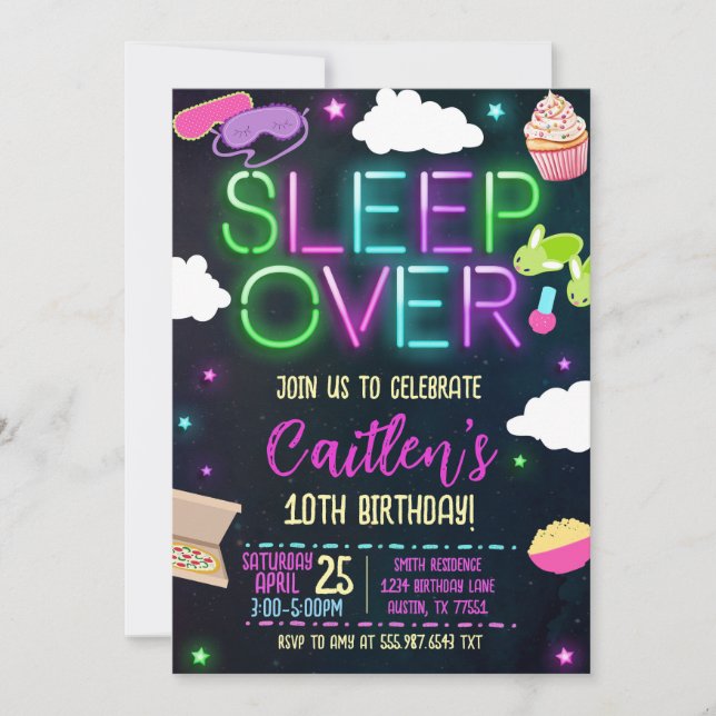 Sleepover Birthday Neon Slumber Party Invitation (Front)