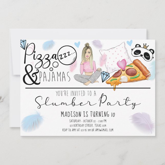 Sleepover Birthday Party Pizza & Pajamas  Invitation (Front)