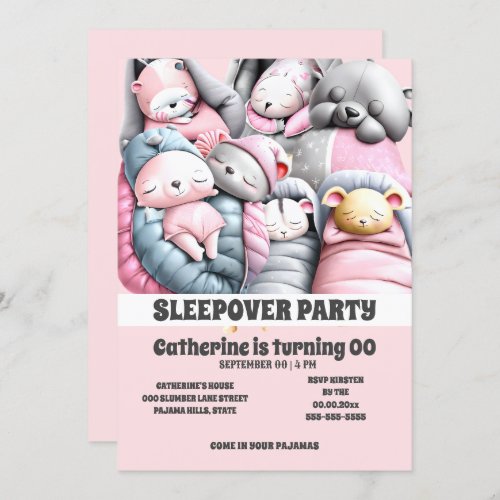 Sleepover comic animals sleeping pink gray slumber invitation