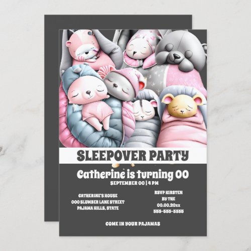 Sleepover cute animals sleeping pink gray slumber  invitation