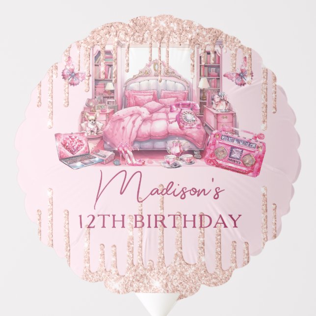 Sleepover Girl Birthday Glitter Personalized Photo Balloon (Front)