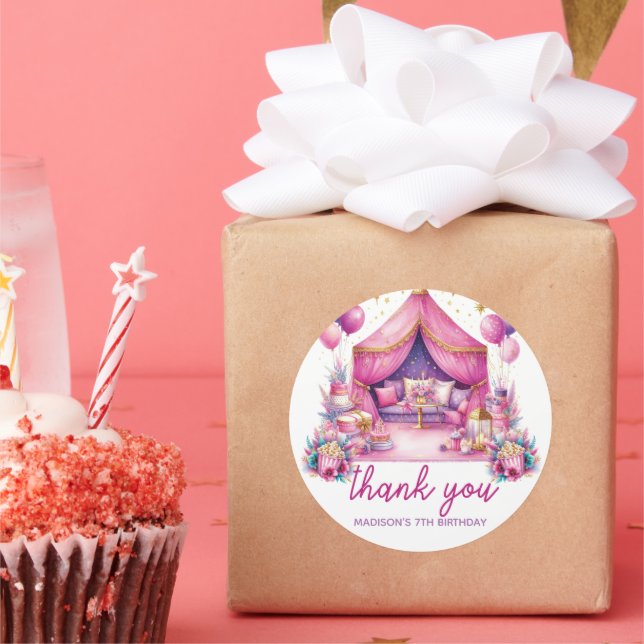 Sleepover Girl Birthday Personalized Thank you Classic Round Sticker (Party)