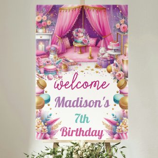 Sleepover Girl Birthday Welcome Pink Purple Gold 