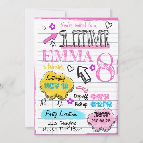 Sleepover Girl Party Doodle Birthday Invitation