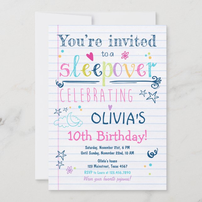 Sleepover Invitation Slumber Party Pajamas Girl (Front)