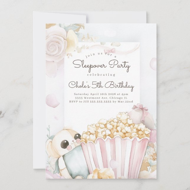 Sleepover movie night birthday movie night party invitation (Front)