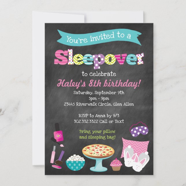 Sleepover Pajama Slumber Party Chalkboard Invitation (Front)
