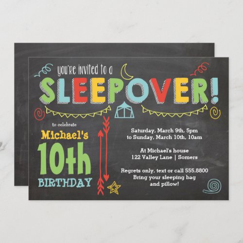 Sleepover Party Chalkboard and Bold Colors Invitation