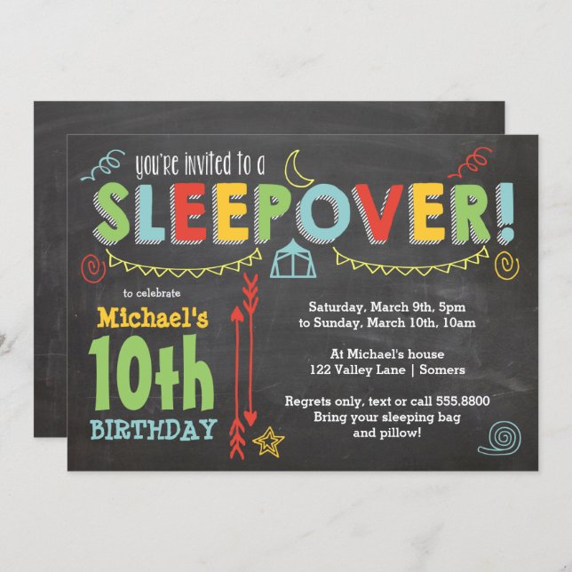 Sleepover Party, Chalkboard and Bold Colors Invitation (Front/Back)