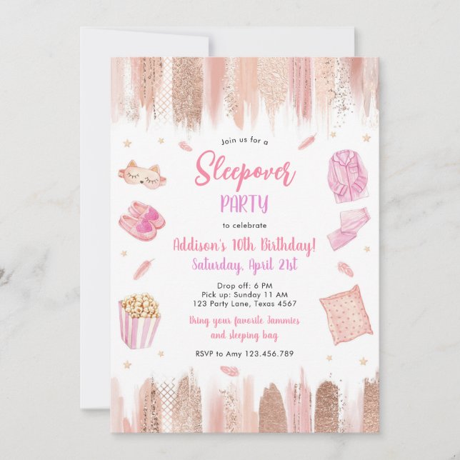 Sleepover Party Spa Makeup Pink Girl Birthday Invitation (Front)
