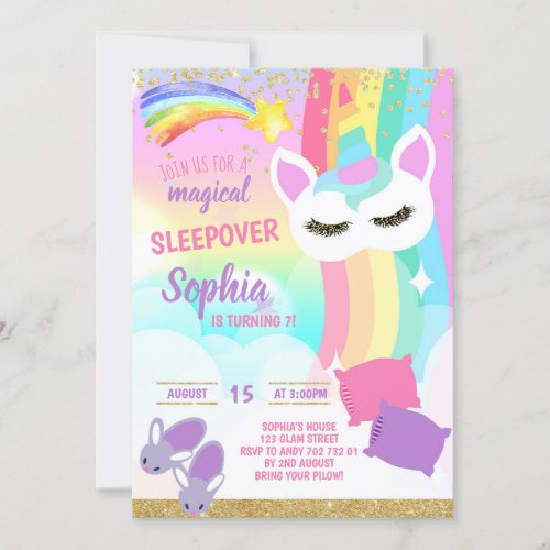 Sleepover Party Unicorn Rainbow Slumber Birthday Invitation
