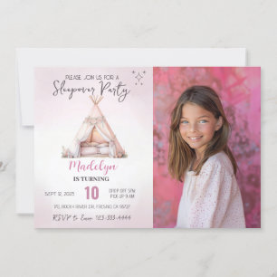Sleepover Photo Boho Teepee Slumber Party Birthday Invitation